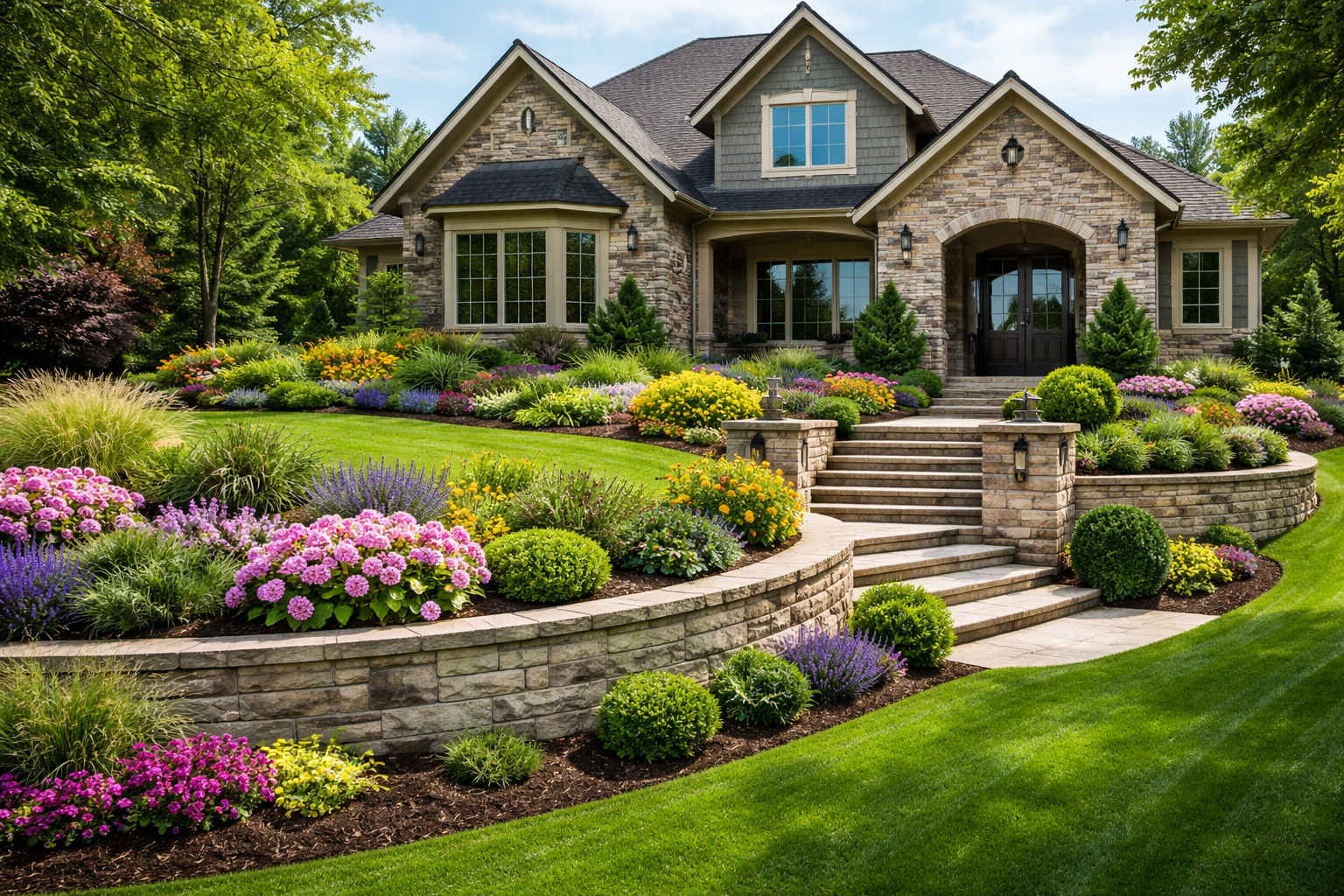 Luxurious suburban home with vibrant gardens and professional landscaping